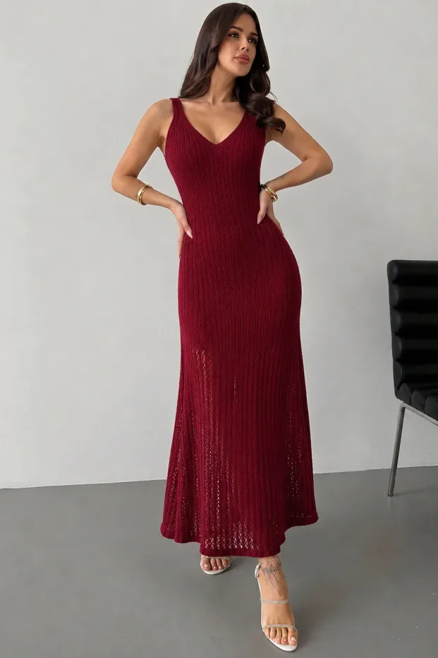 Kadın Bordo Oversize Örgülü Uzun Kışlık Triko Elbise 3