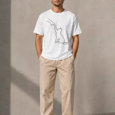 Men's White Oversize Cat Printed Short Sleeve T-Shirt 4