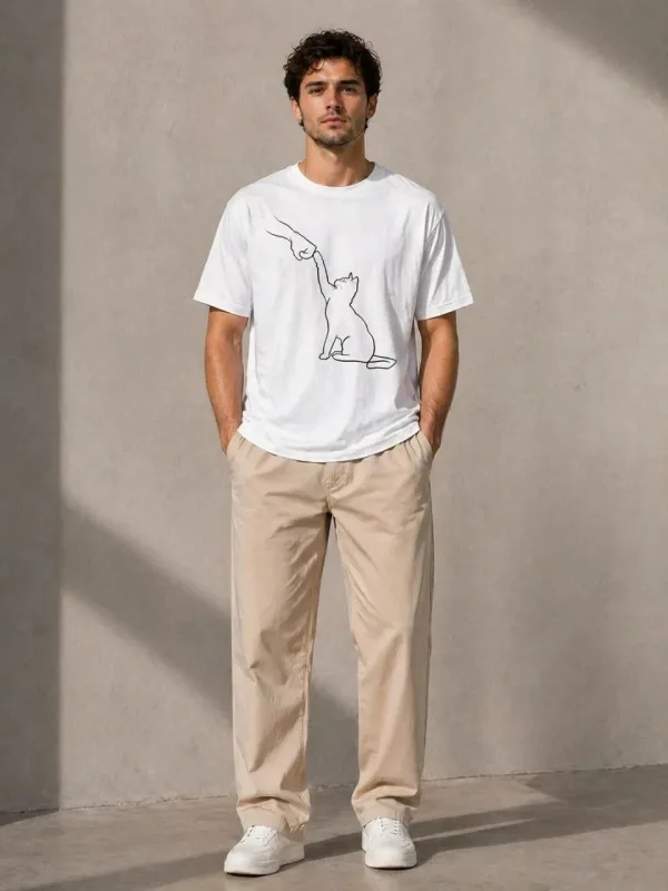 Men's White Oversize Cat Printed Short Sleeve T-Shirt 4