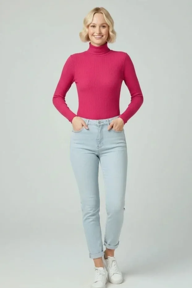Kadın Pembe Tam Boğazlı Fitilli Likralı Uzun Kollu Badi 2