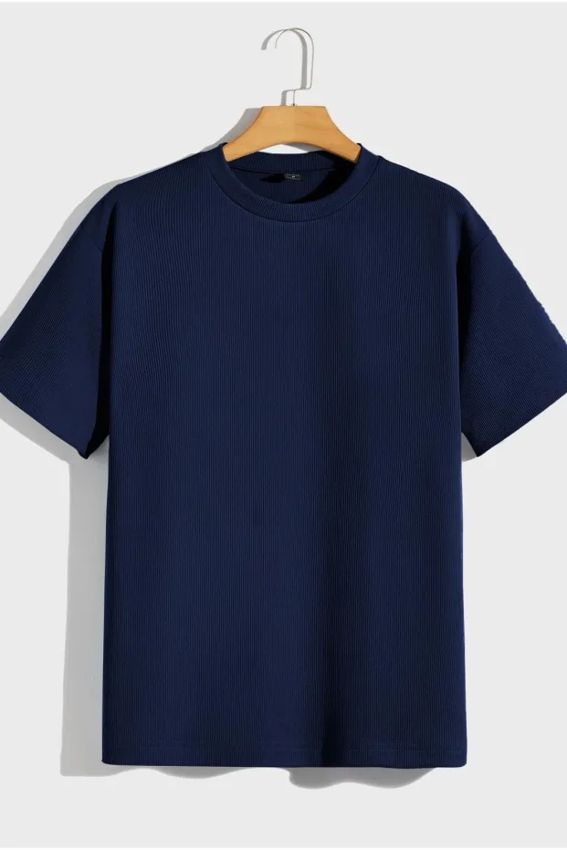 Maschio Blu Scuro Oversize Costina Cotone Premium T-Shirt 2