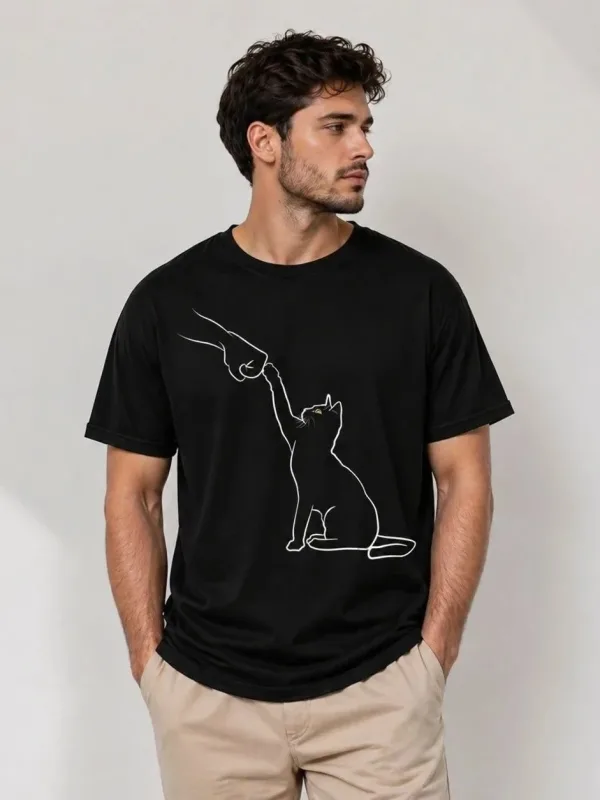 Murš Črno Minimal Mačka Crtanje Print Kratko Rokav Majica 3