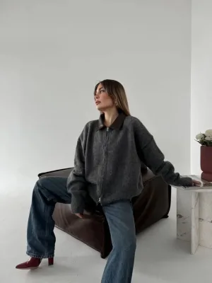 Femea Fum Piele Guler Față Dublă Fermoar Bumbac Texturat Jachetă