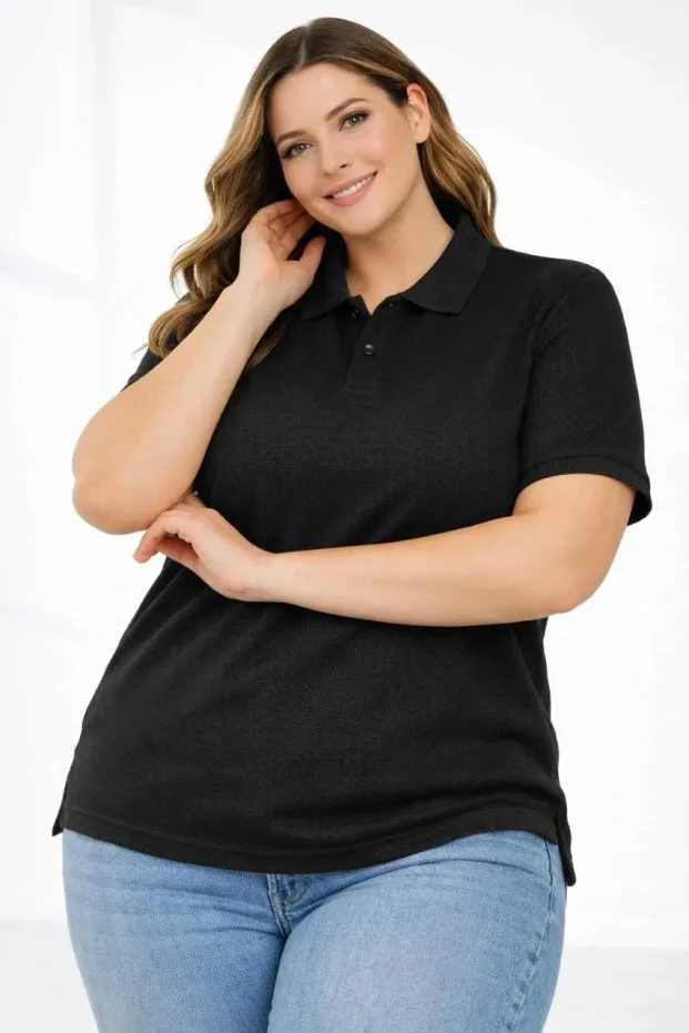 Women's Black Pique Fabric Polo Neck Plus Size T-Shirt 2