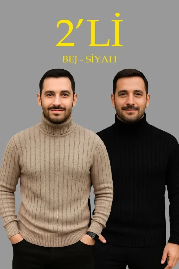 Erkek 2'li Set Fitilli Tam Boğazlı Balıkçı Yaka Triko Kazak 1