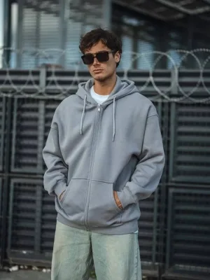 Men's Gray Full Zip Hooded 3-Thread Cotton Sweatshirt