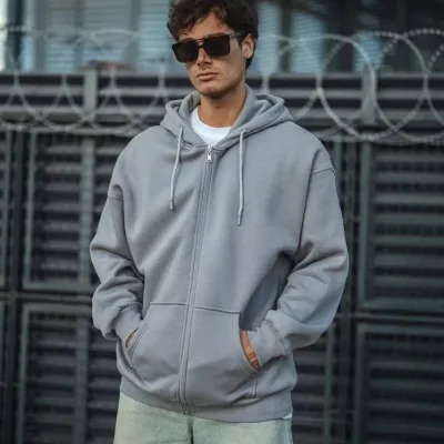 Men's Gray Full Zip Hooded 3-Thread Cotton Sweatshirt 1