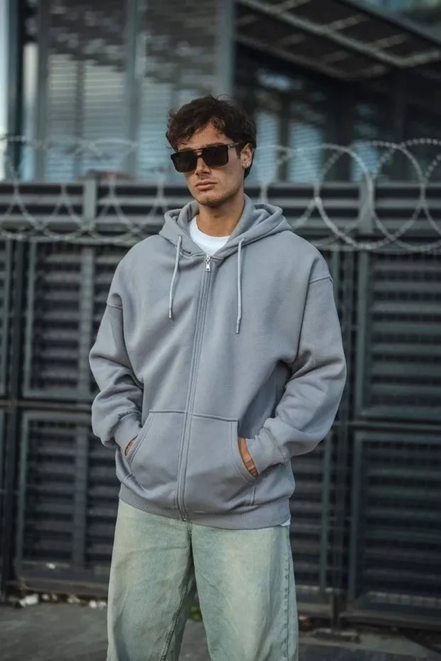 Erkek Gri Tam Fermuarlı Kapüşonlu 3 İplik Pamuklu Sweatshirt 1