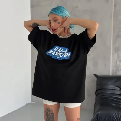 Women's Black Oversize Crew Neck Printed Summer T-Shirt 1