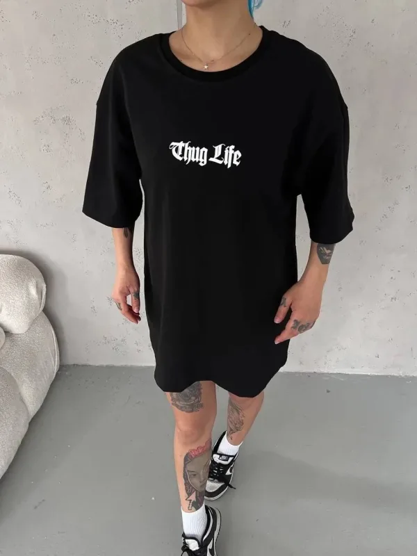 Γυναικείο Μαύρο Oversize Ποδηλατόλαιμο Τυπωμένο Μπλουζάκι 1