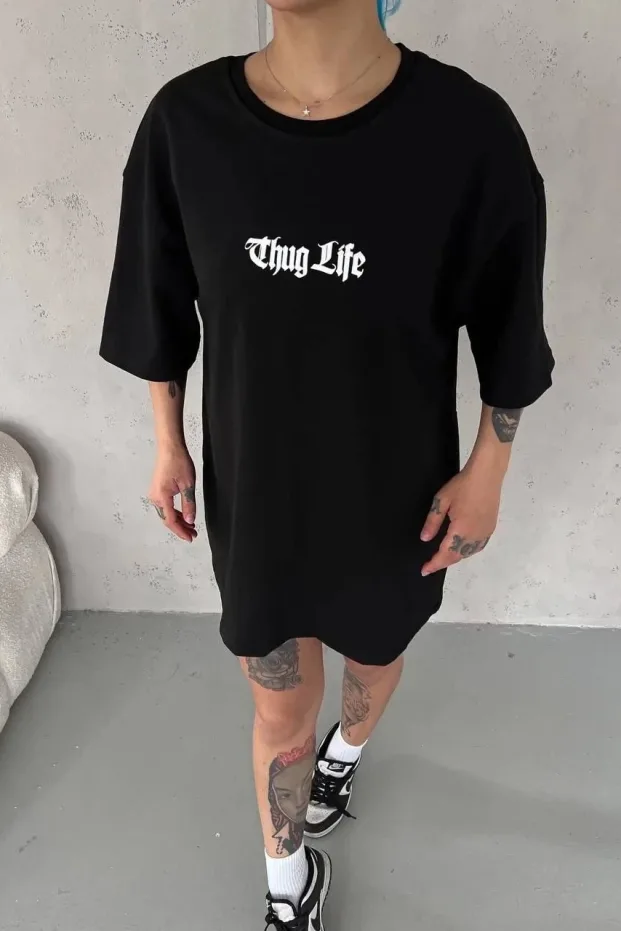 Kadın Siyah Oversize Bisiklet Yaka Pamuklu Baskılı Tişört 1
