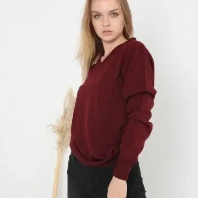 Women's Burgundy V-Neck Long Sleeve Plain Knit Sweater 3