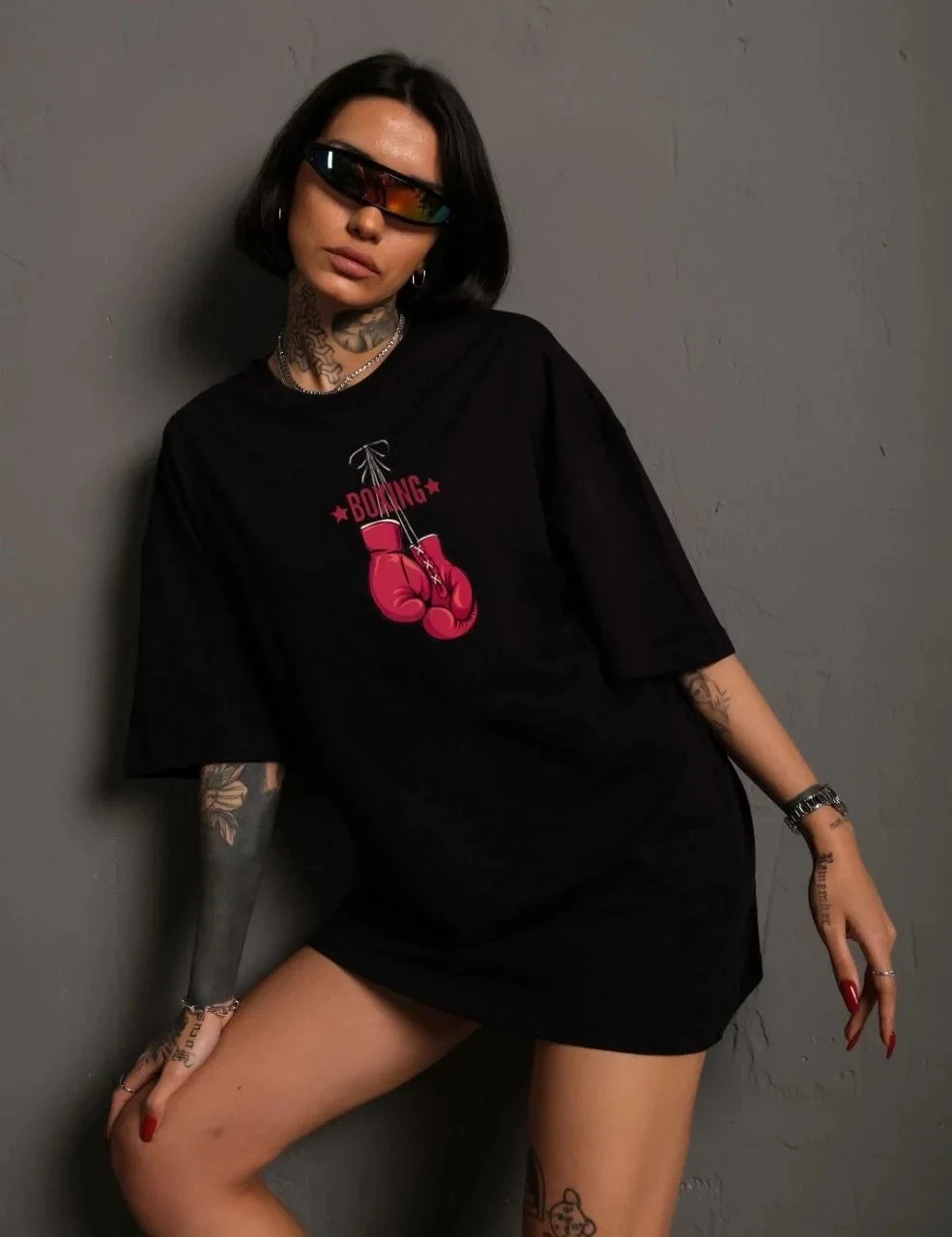 Damski Czarny Boxy Rowerowy Kołnierz Rękawica Nadrukowany T-shirt