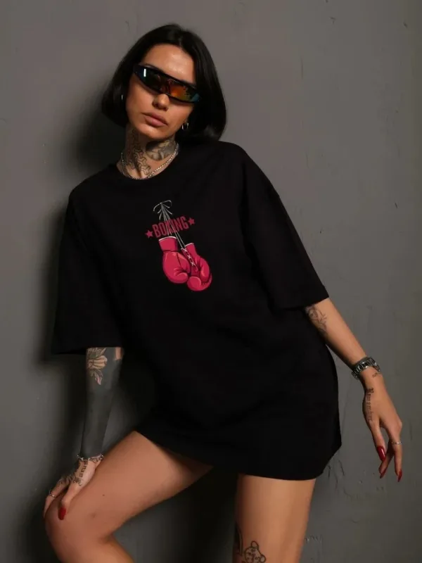 Damski Czarny Boxy Rowerowy Kołnierz Rękawica Nadrukowany T-shirt 1