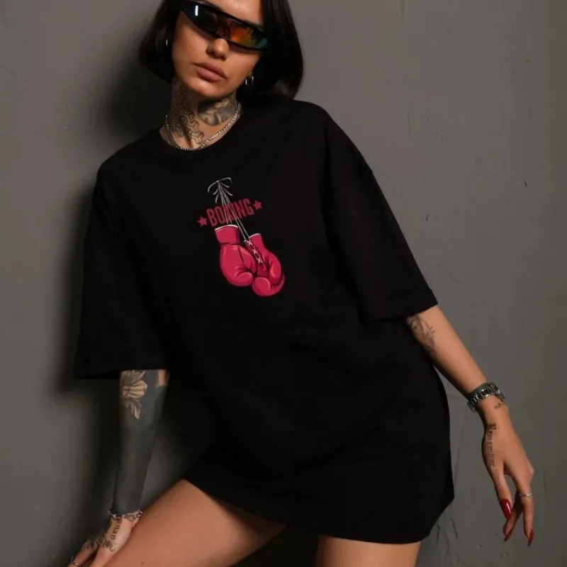Women's Black Boxy Bicycle Neck Glove Printed T-Shirt