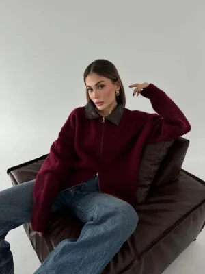 Femea Bordo Piele Guler Față Dublă Fermoar Bumbac Jachetă