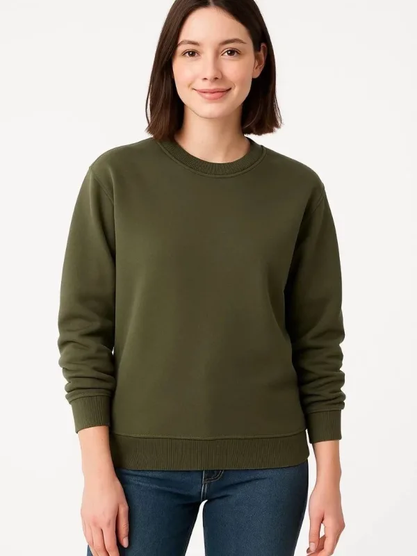 Women's Khaki 3-Thread Cotton Crew Neck Sweatshirt 3
