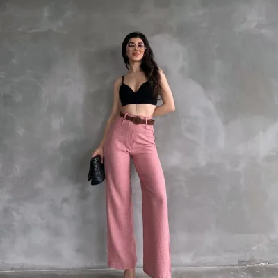 Lanene pantalone sa kaišem na struku, puder 3