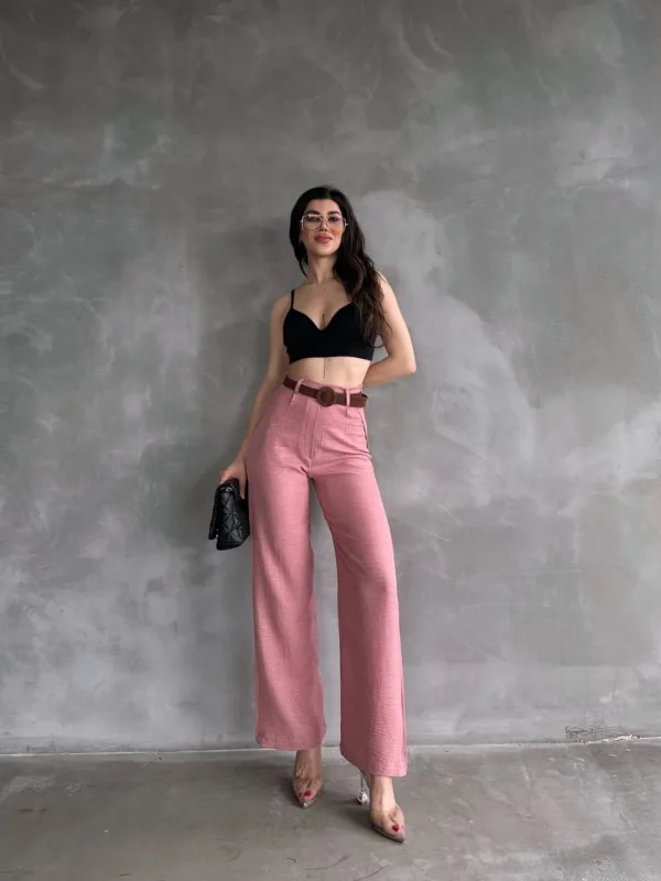 Lanene pantalone sa kaišem na struku, puder 3