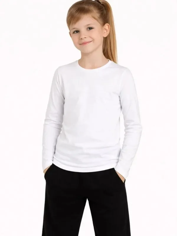 Dievča Biele Basic Dlhý Rukáv Voľné Školské Tričko 2