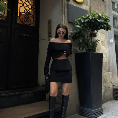 Dámský černý straplez carmen výstřih crop pletený set 5