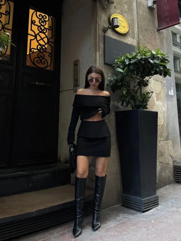 Dámský černý straplez carmen výstřih crop pletený set 5