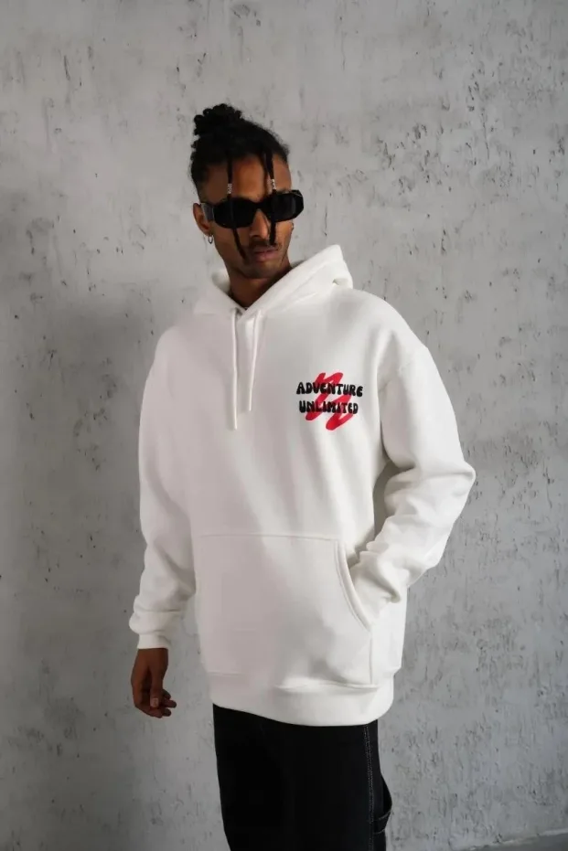 Sweatshirtê Mêran ê Spî, Oversize, 3 Têl, Pembû, Bi Kevan, Bi Çapkirin 2