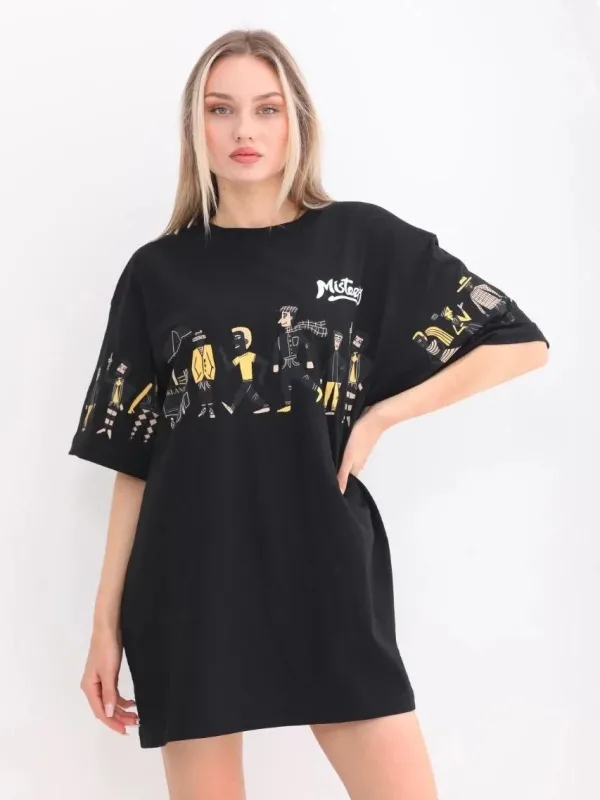 Женски црн oversize бициклистички јака принт маица 2