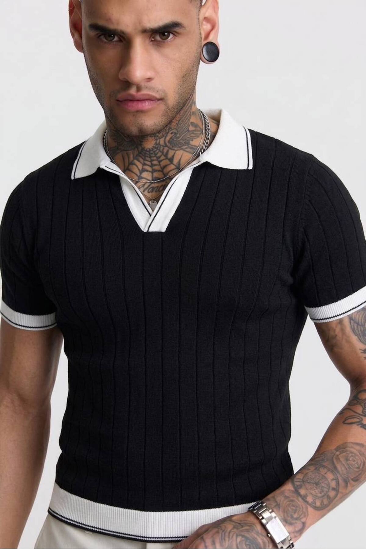 Black Men's Toscana Knit Short Sleeve Polo Neck T-Shirt 4