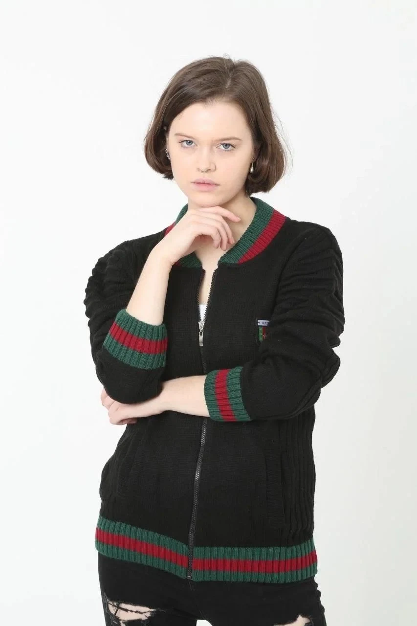 Femea Neagră Fermoar Complet Gros Tricot Cardigan
