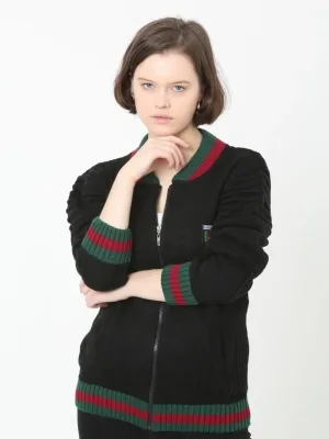 Femea Neagră Fermoar Complet Gros Tricot Cardigan