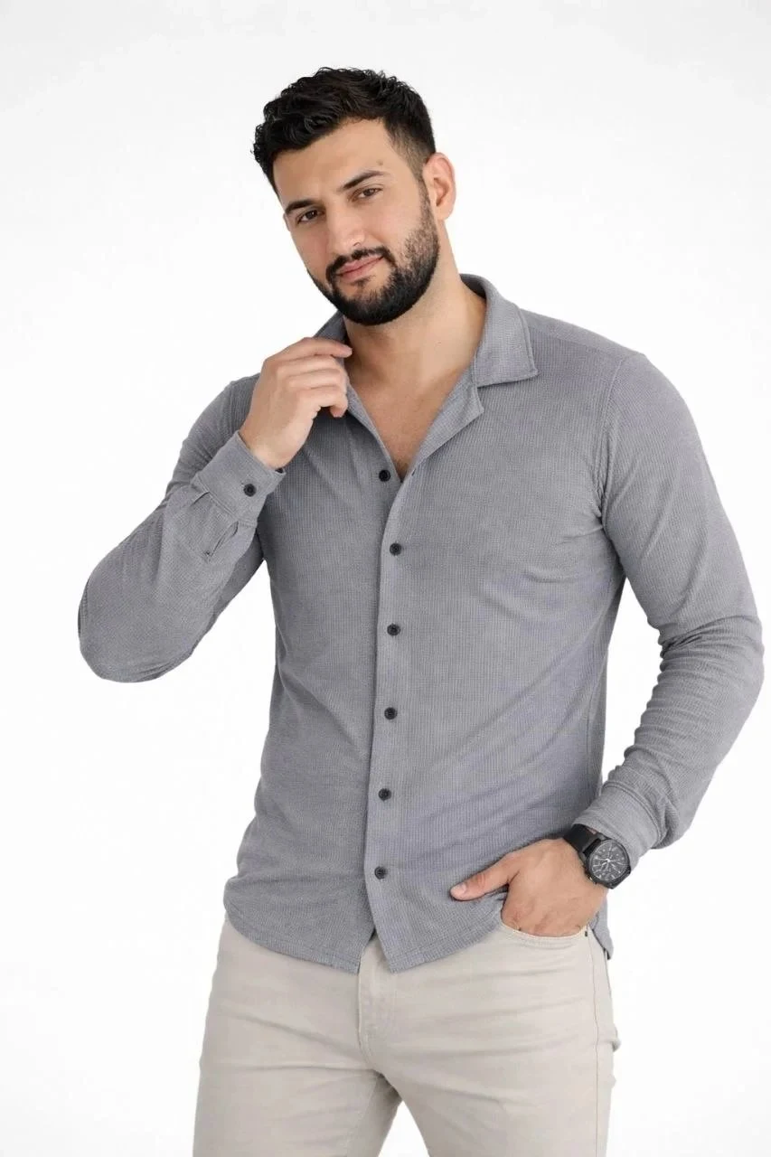 Men's Smoke Regular Waffle Fabric Long Sleeve Buttoned Shirt