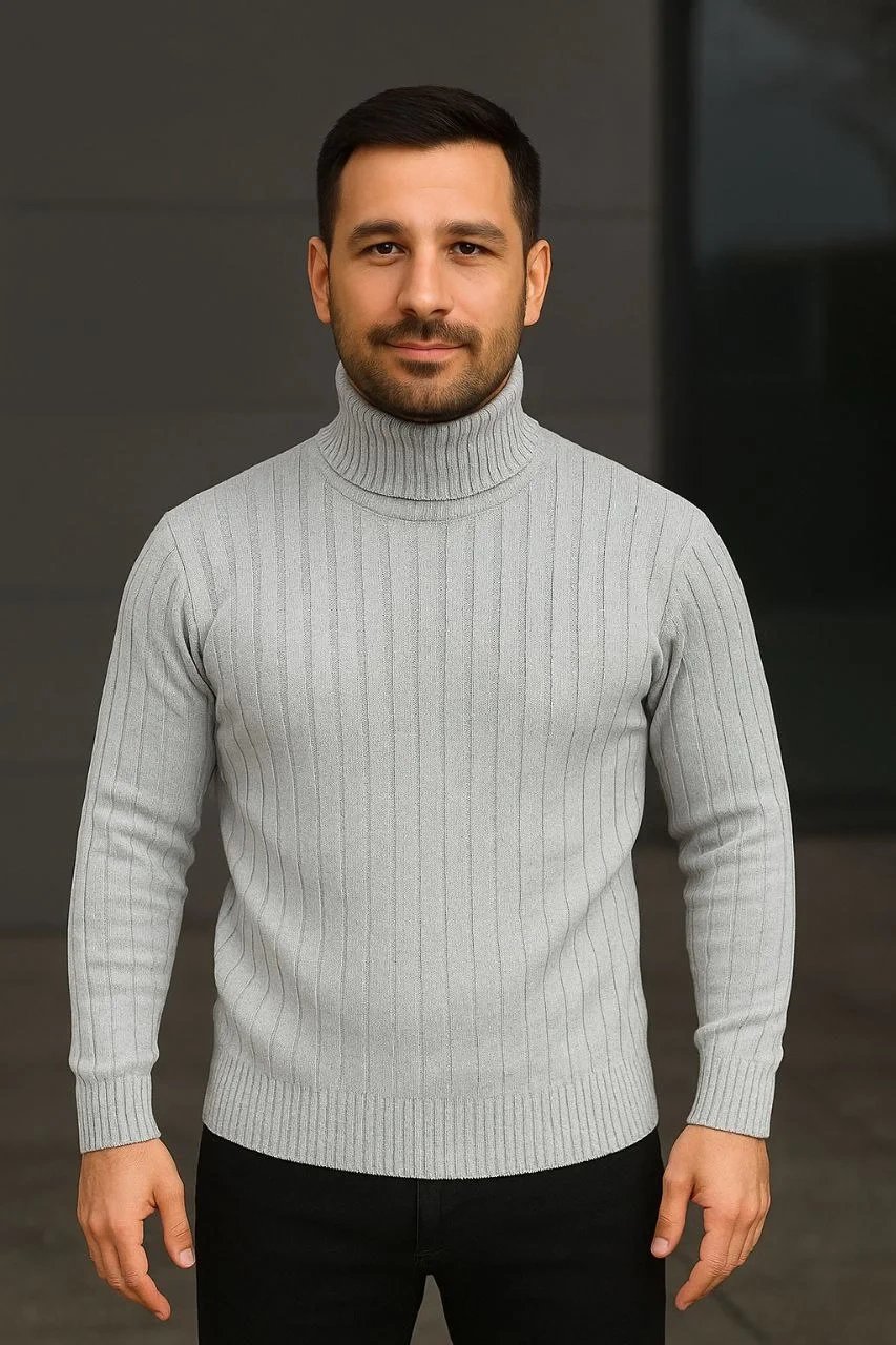 Pánsky sivý hrubý rebrovaný rolák z úpletu 2