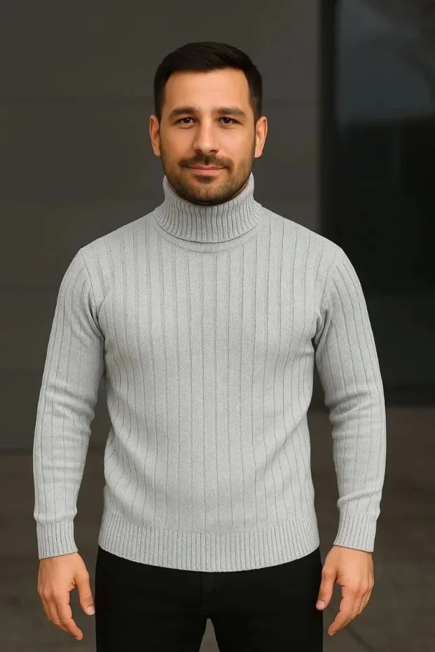 Erkek Gri Kalın Fitilli Tam Boğazlı Balıkçı Yaka Triko Kazak 2