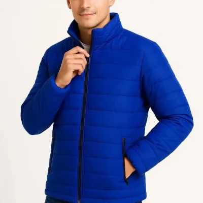 Men's Sax Blue Water-Repellent Quilted Lined Zippered Bomber Jacket 2