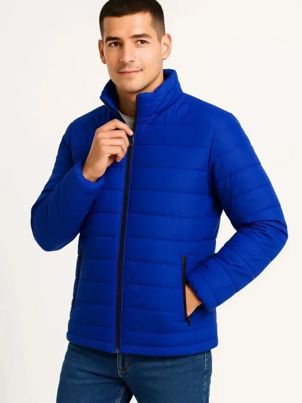 Men's Sax Blue Water-Repellent Quilted Lined Zippered Bomber Jacket 2