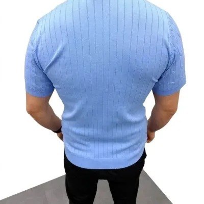 Pánské baby modré copánkový pletený krátký rukáv zip polo tričko 2