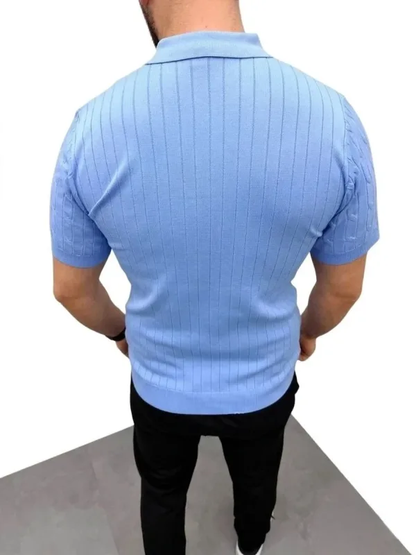 Pánské baby modré copánkový pletený krátký rukáv zip polo tričko 2