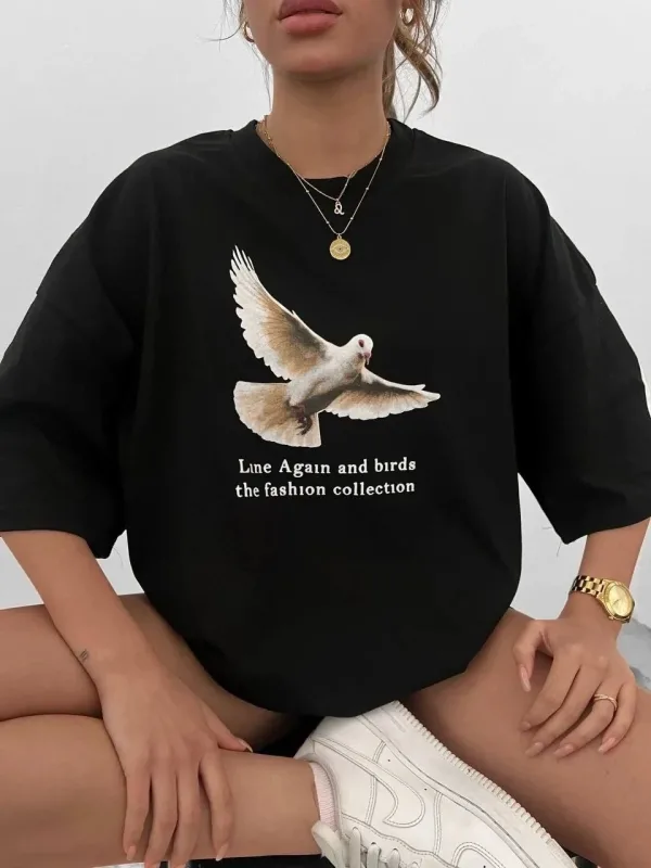 Женски Црн Бициклета Јака Гулаб Печатена Oversize Маица 1