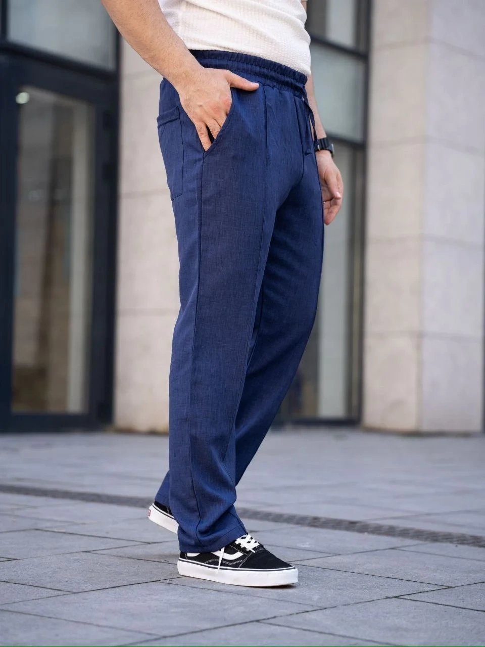 Kişi Tünd Göy Rahat Kətan Jogger Cibli Çıma Tikişli Şalvar 5