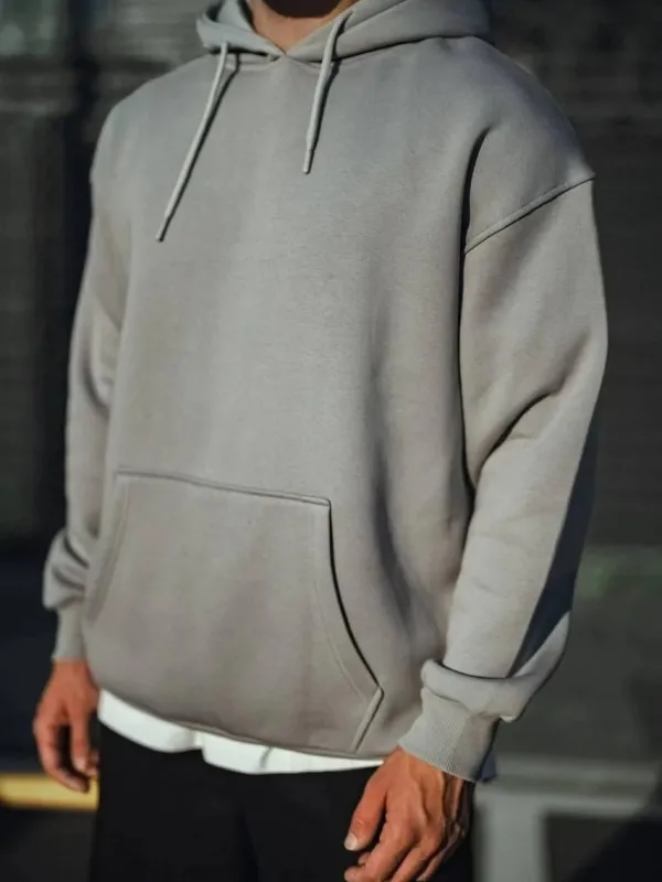Pánské šedé barvené třívrstvé bavlněné mikiny s kapucí basic 1