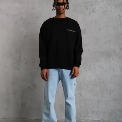 Férfi Fekete Oversize Kerékpárnyakú 3 Szálas Pamut Nyomott Sweatshirt 3