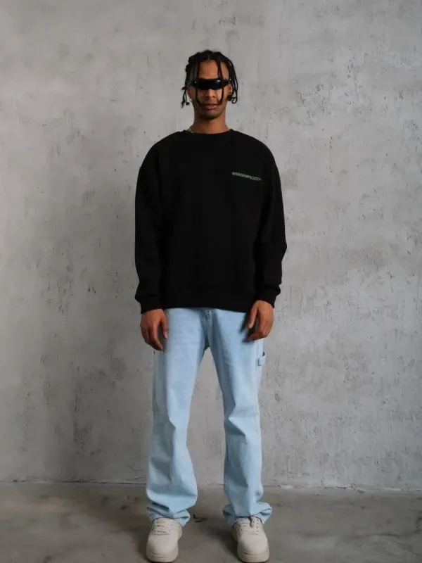 Férfi Fekete Oversize Kerékpárnyakú 3 Szálas Pamut Nyomott Sweatshirt 3