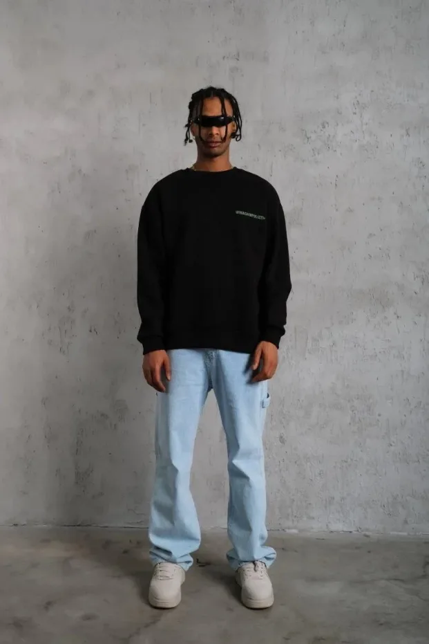 Men's Black Oversize Crew Neck 3-Thread Cotton Printed Sweatshirt 3