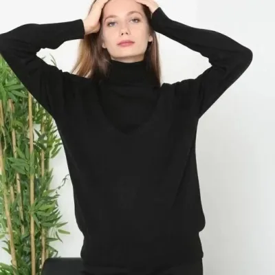 Ženski crni puni vrat ribarska kragna dugi rukav ravni triko džemper 7