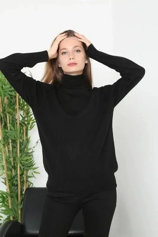 Women Black Turtleneck Long Sleeve Plain Knit Sweater 7