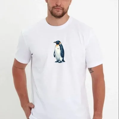 Bărbat Alb Guler Bicicletă Imprimare Penguin Mânecă Scurtă Tricou 2
