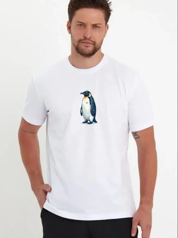Bărbat Alb Guler Bicicletă Imprimare Penguin Mânecă Scurtă Tricou 2