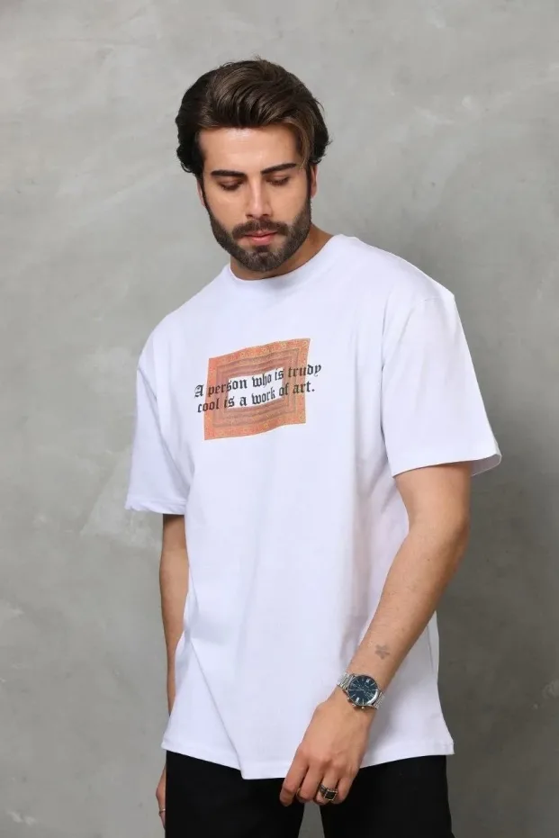 Men's White Regular Bicycle Neck Printed T-Shirt 2