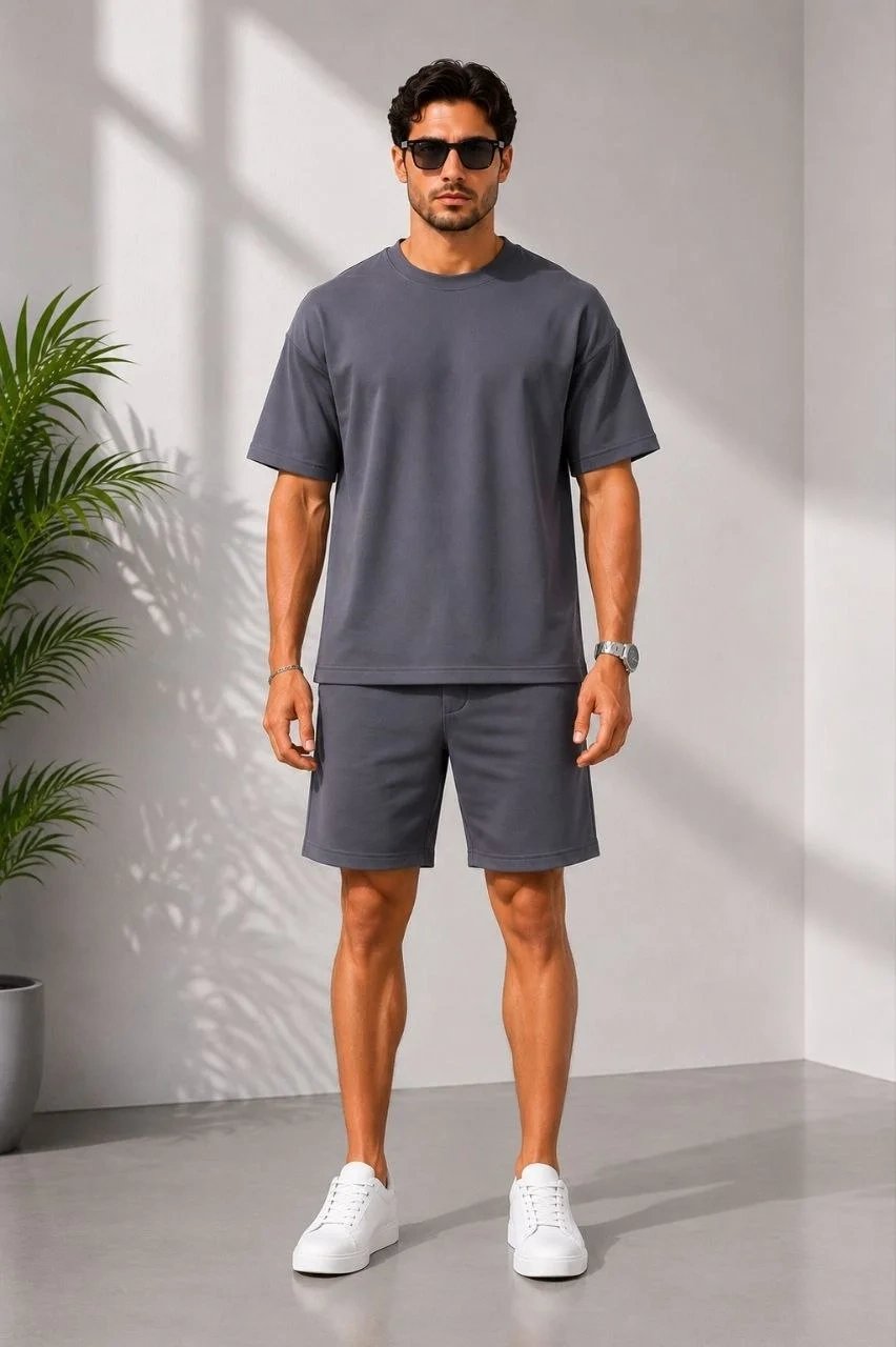 Męski dymiony oversize'owy zestaw z kieszeniami, miękki modalowy T-shirt i szorty 4